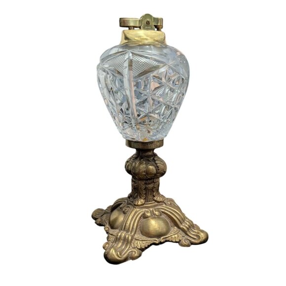Vintage Brass Cut Glass Table Lighter with Ornate brass Base - Picture 2 of 12